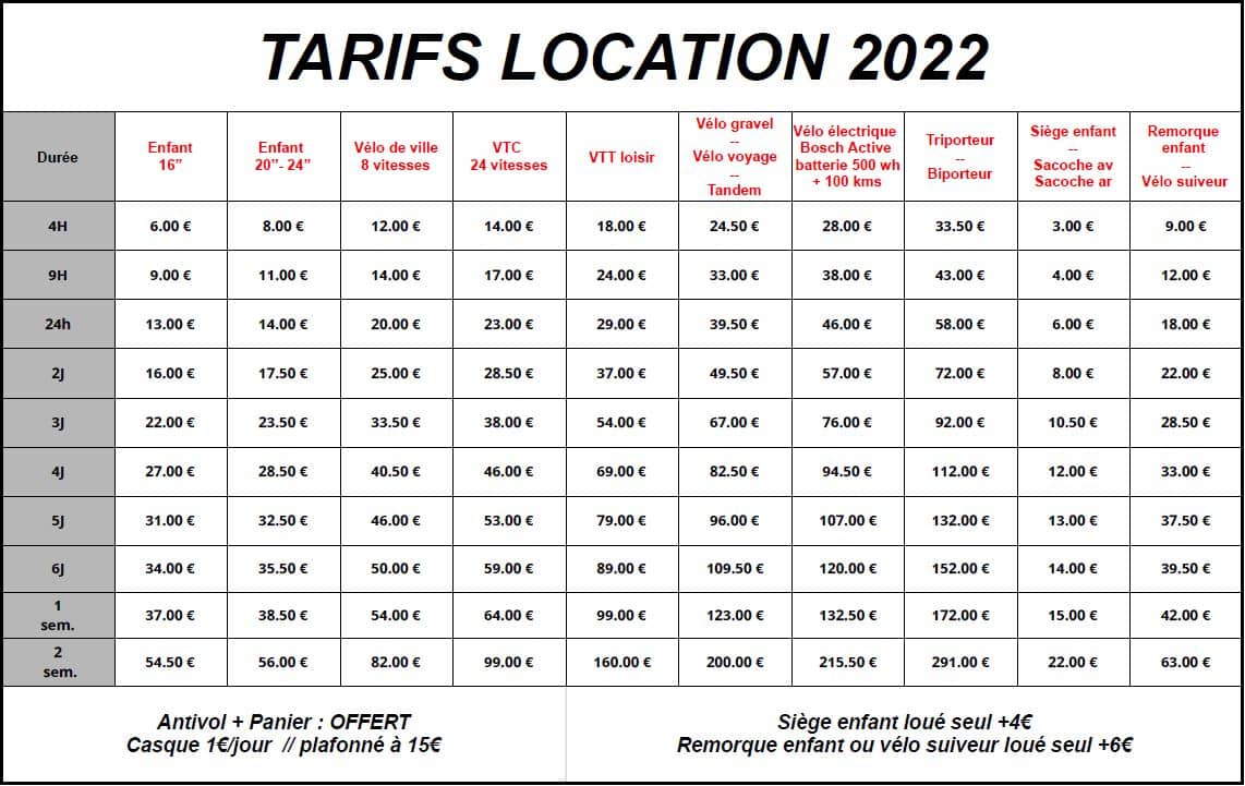 tarifs location 2022